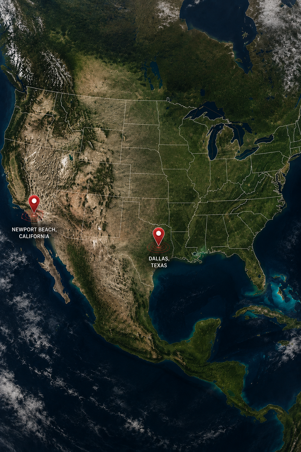 US map showing Newport Beach and Dallas locations